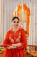 Orange Chanderi Silk Embroidered Suit Set