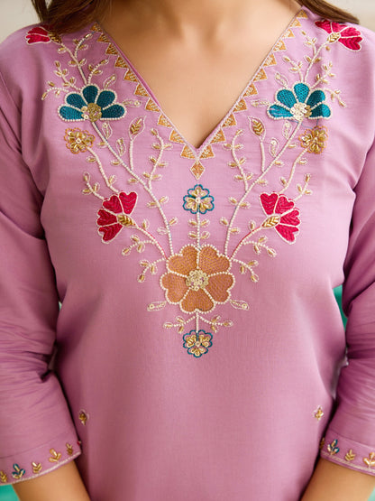 Baby Pink Viscose Gadhwal Embroidered Kurta Pant Dupatta Set