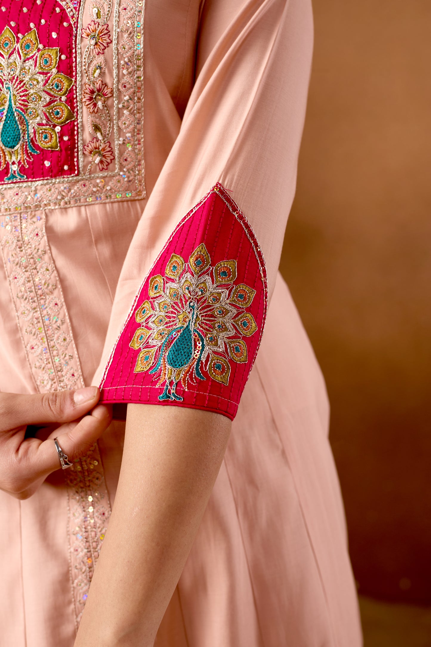 Elegant Peach Roman Silk Kurti Set