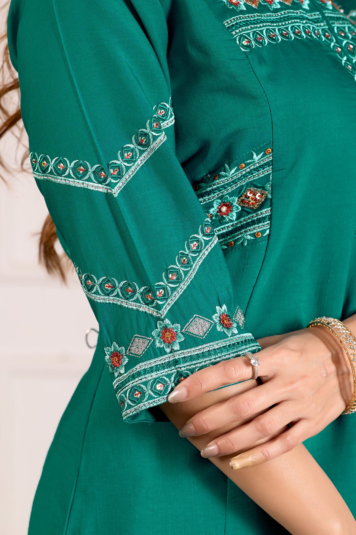 Rama Green Viscose Mango Silk Anarkali Kurti Set