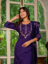Violet Marina Silk Multi Embroidered Suit Set