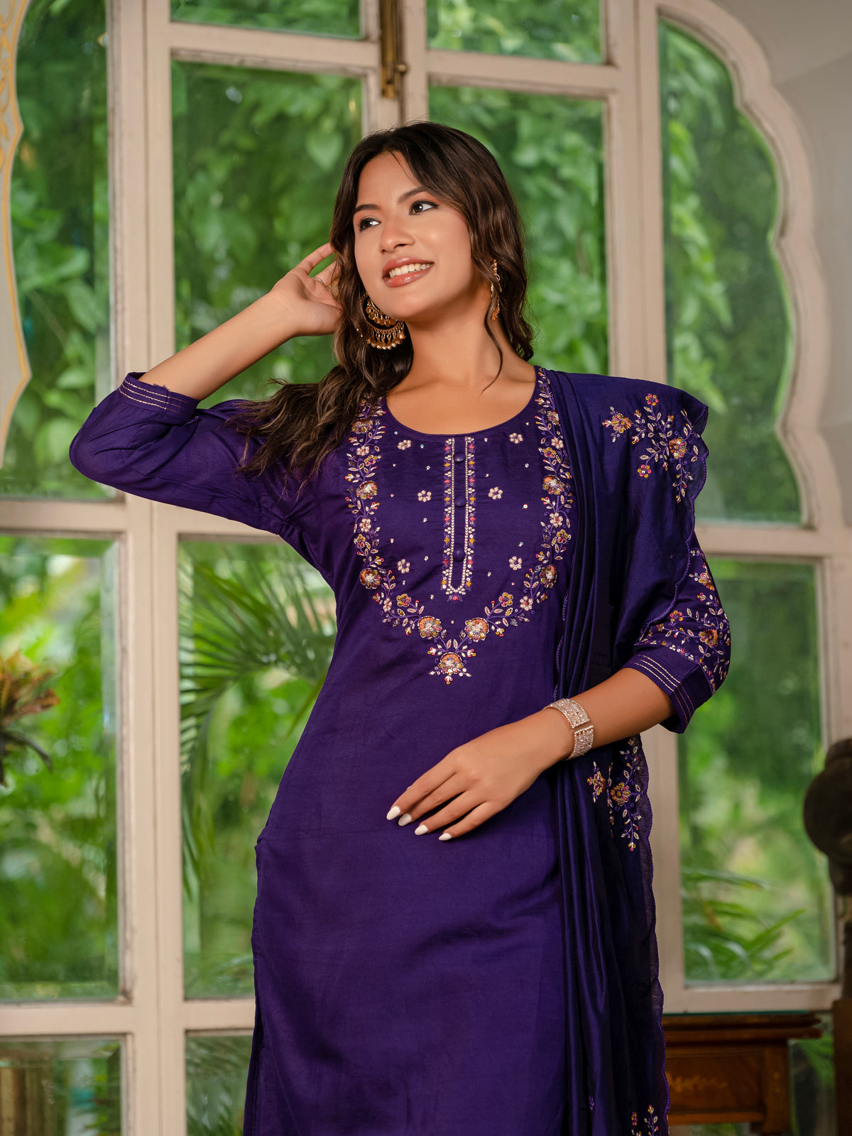 Violet Marina Silk Multi Embroidered Suit Set