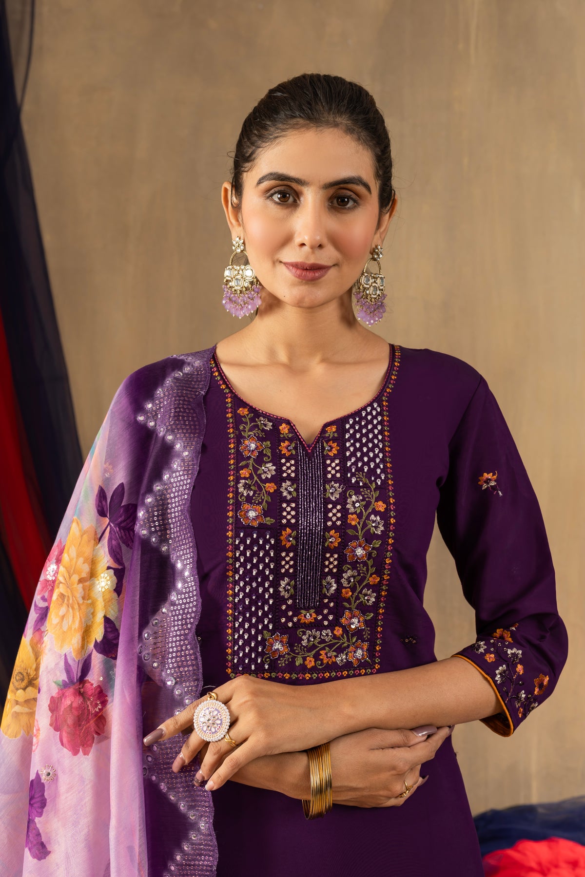 Purple Roman Silk Multi Embroidered Suit Set