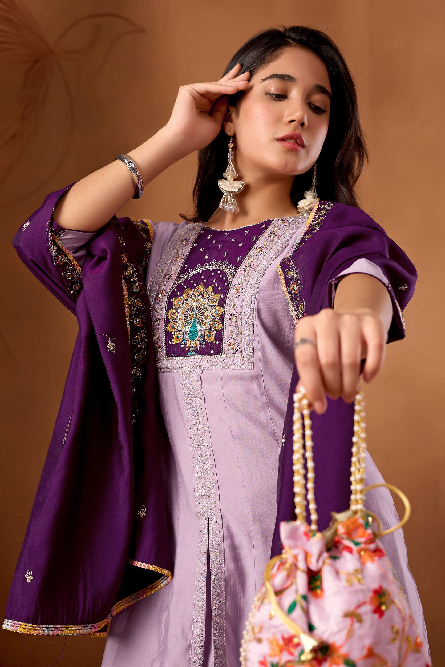 Elegant Light Lovender Roman Silk Kurti Set