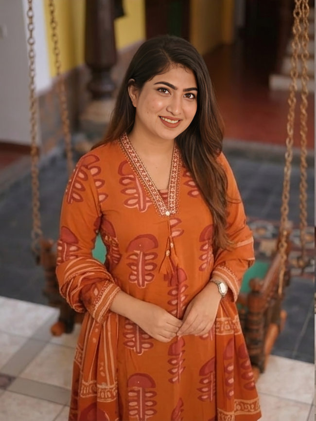Orange Jaipuri Block Print Mul Cotton Suit