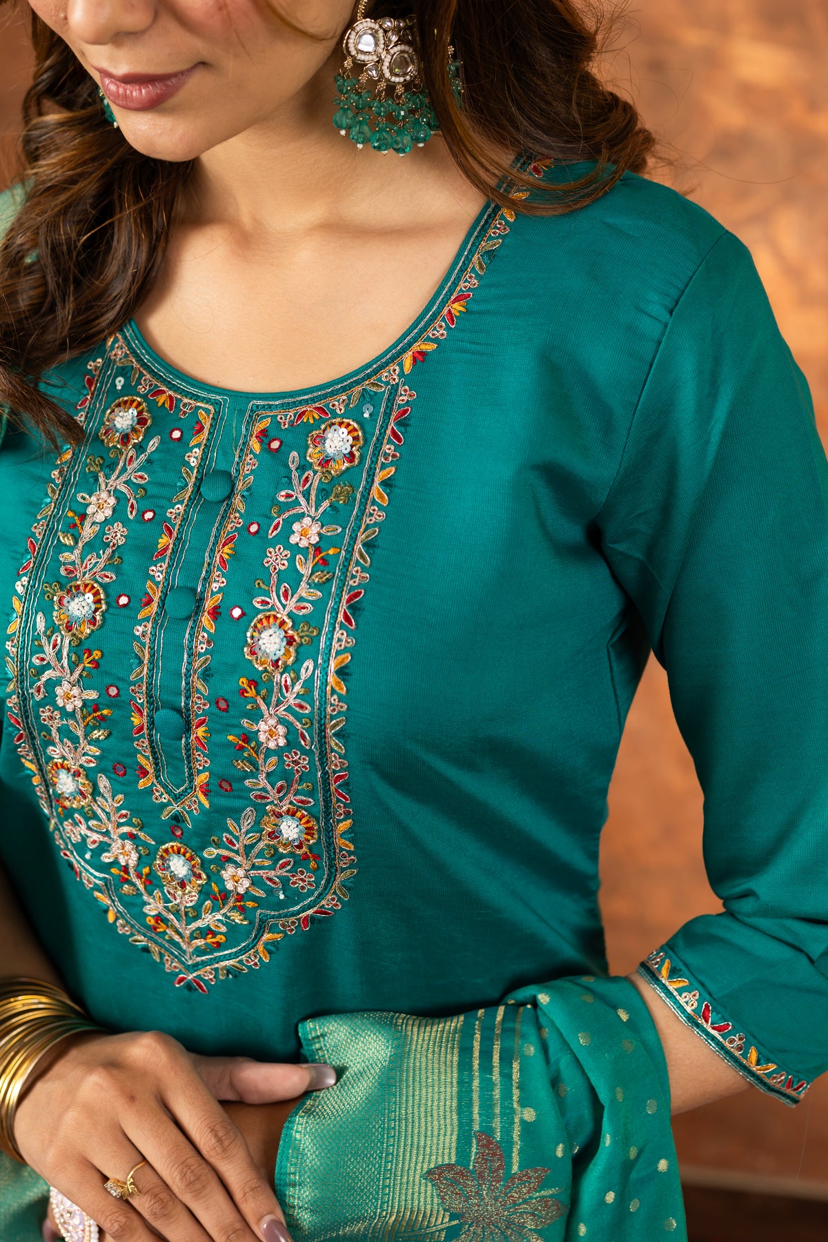 Rama Green Marina Silk Multi Embroidered Suit Set