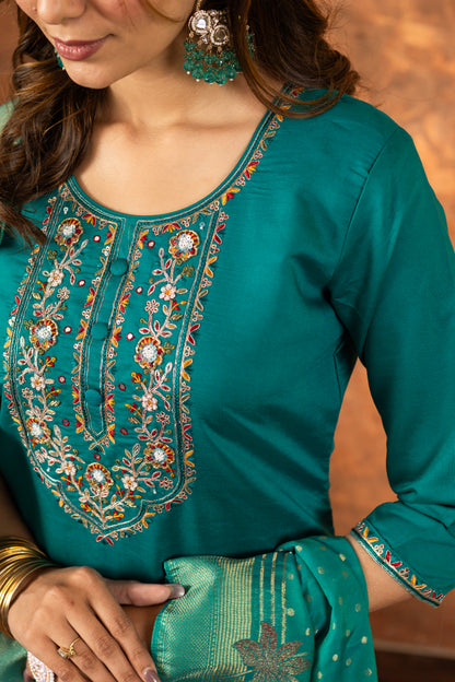 Rama Green Marina Silk Multi Embroidered Suit Set