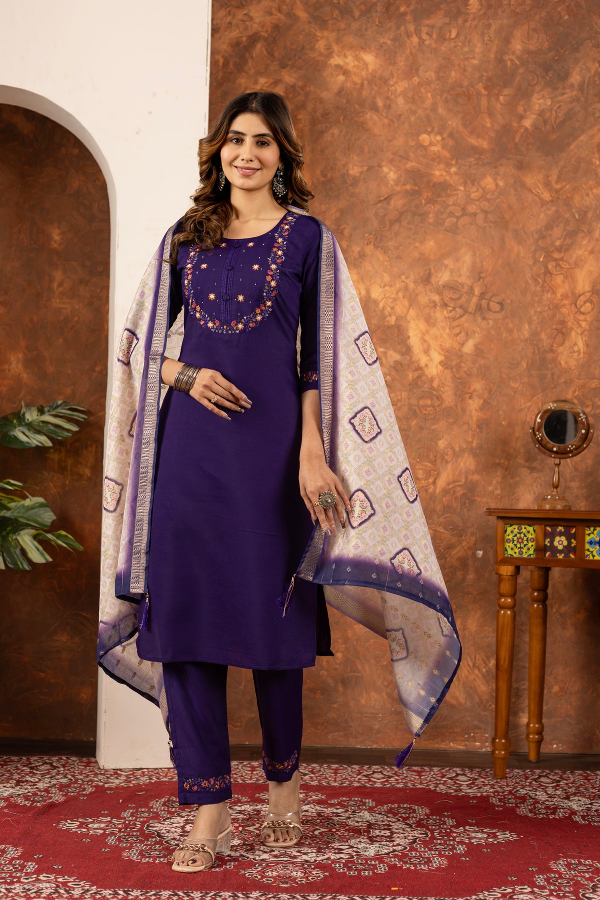 Purple Marina Silk Multi Embroidered Suit Set