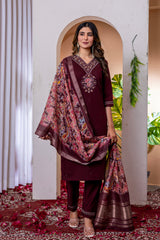Wine Marina Viscose Silk Multi Embroidered Suit Set