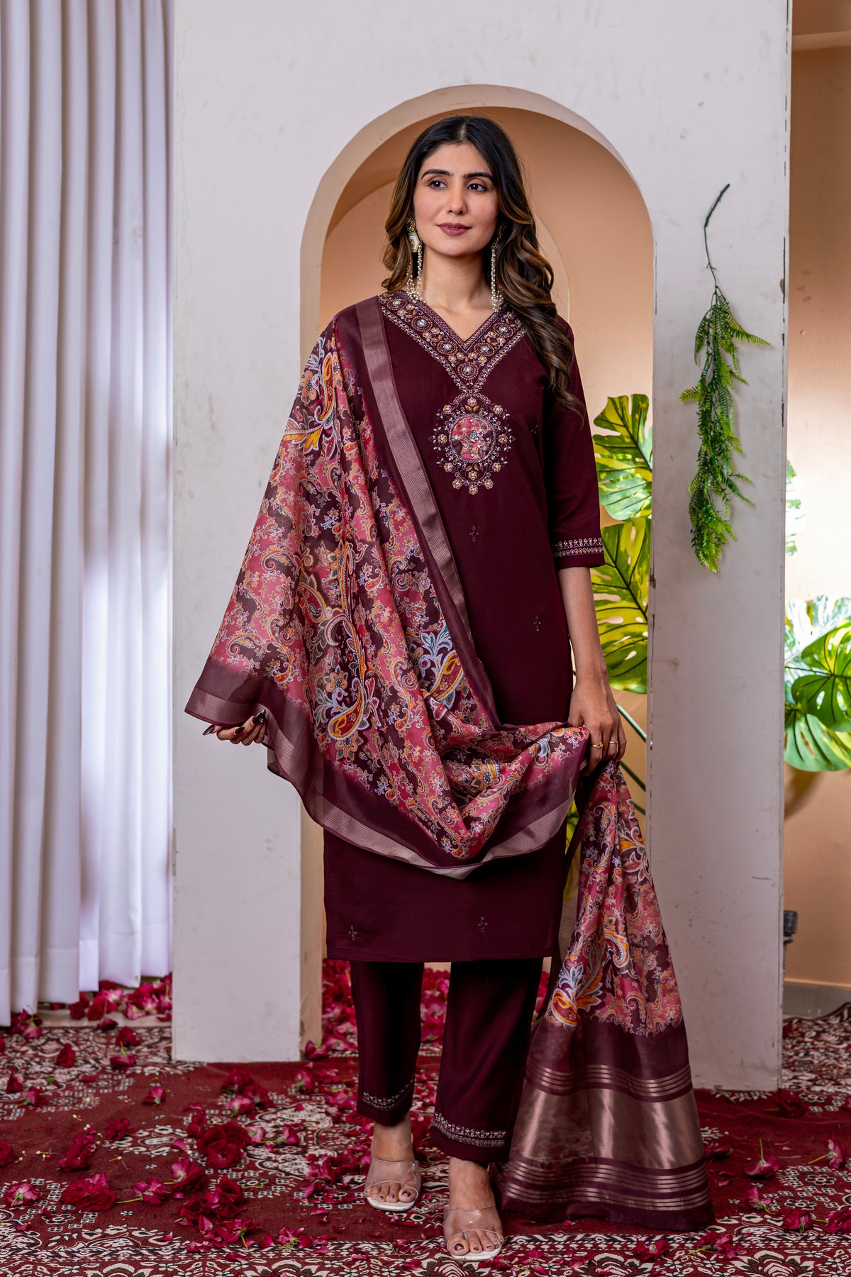 Wine Marina Viscose Silk Multi Embroidered Suit Set