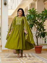 Mehndi Viscose Roman Silk Anarkali Kurti Pant Set