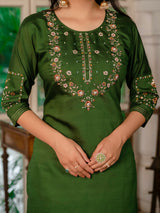 Mehndi Green Marina Silk Multi Embroidered Suit Set