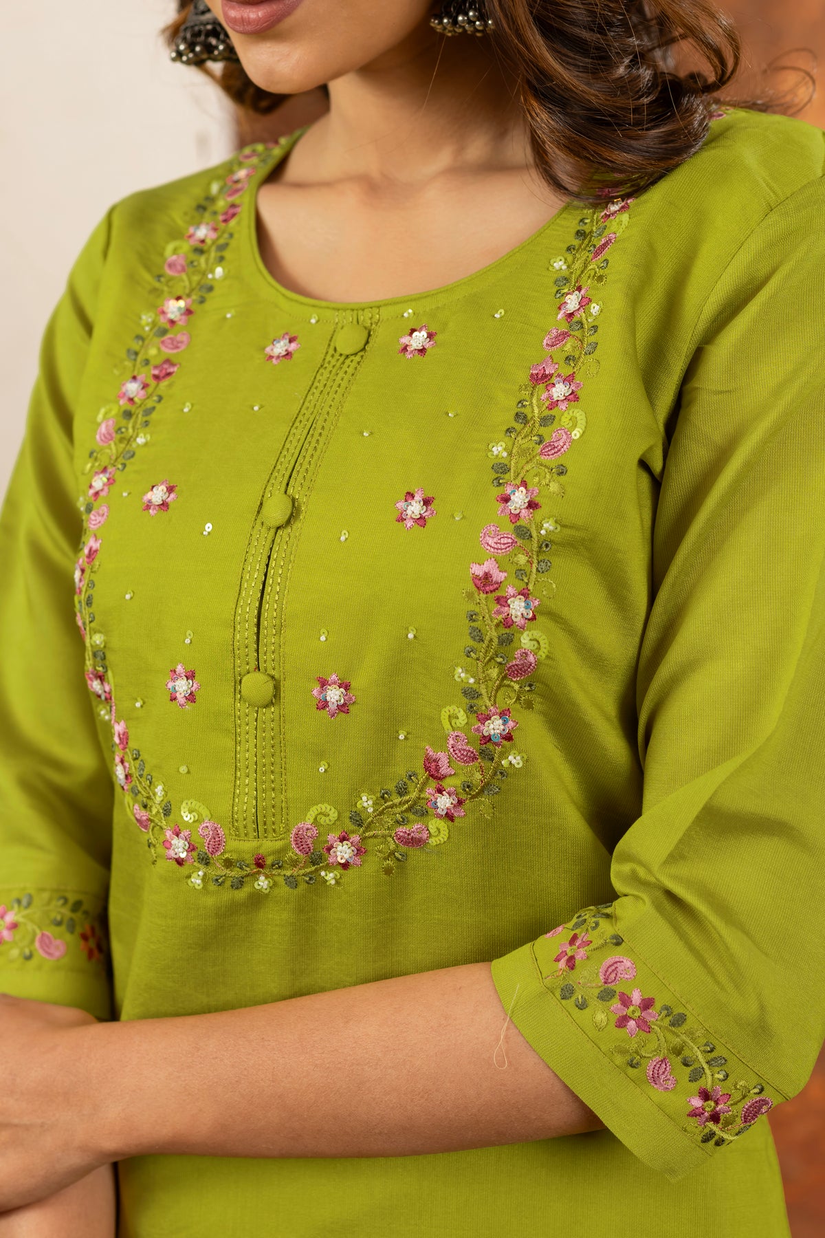 Parrot Green Marina Silk Multi Embroidered Suit Set