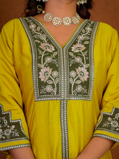 Yellow Roman Silk Anarkali Kurti Set