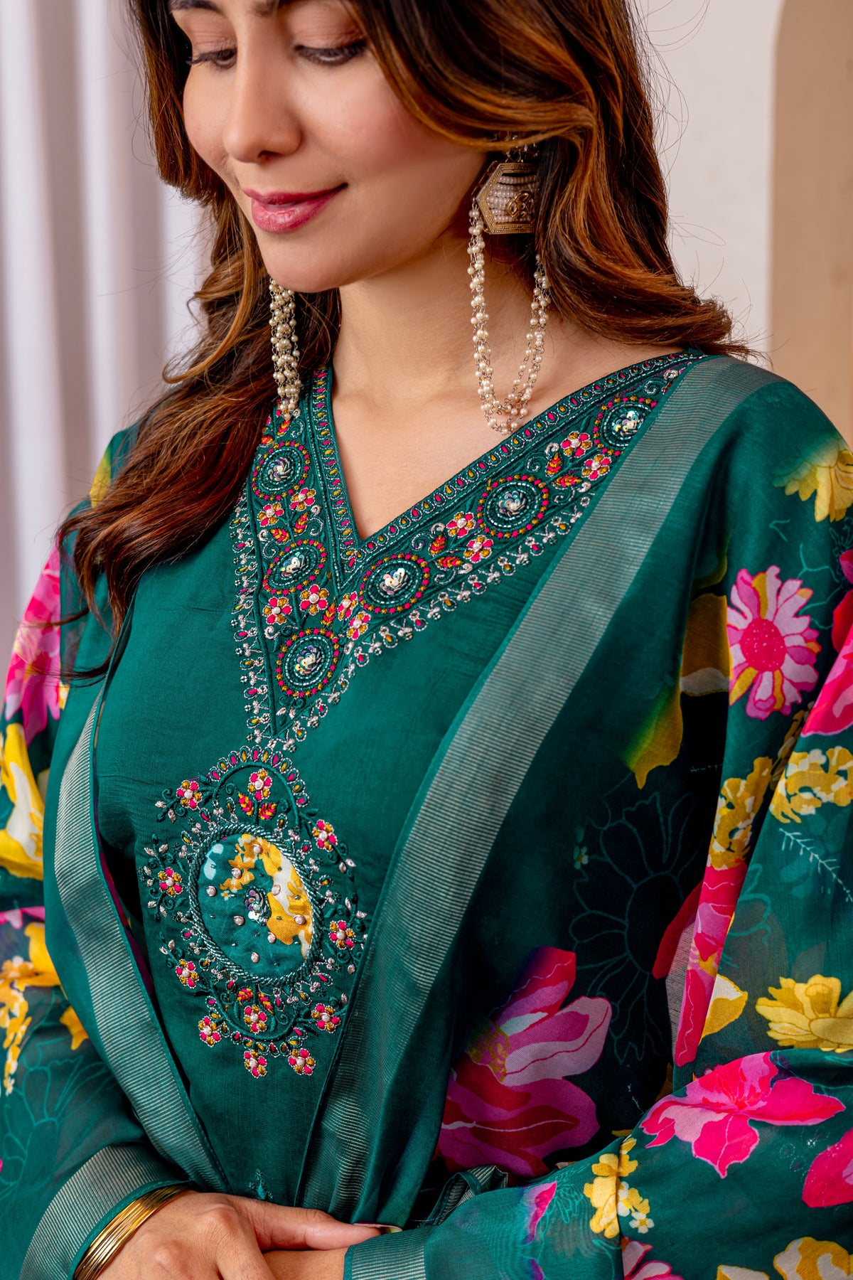Green Marina Viscose Silk Multi Embroidered Suit Set