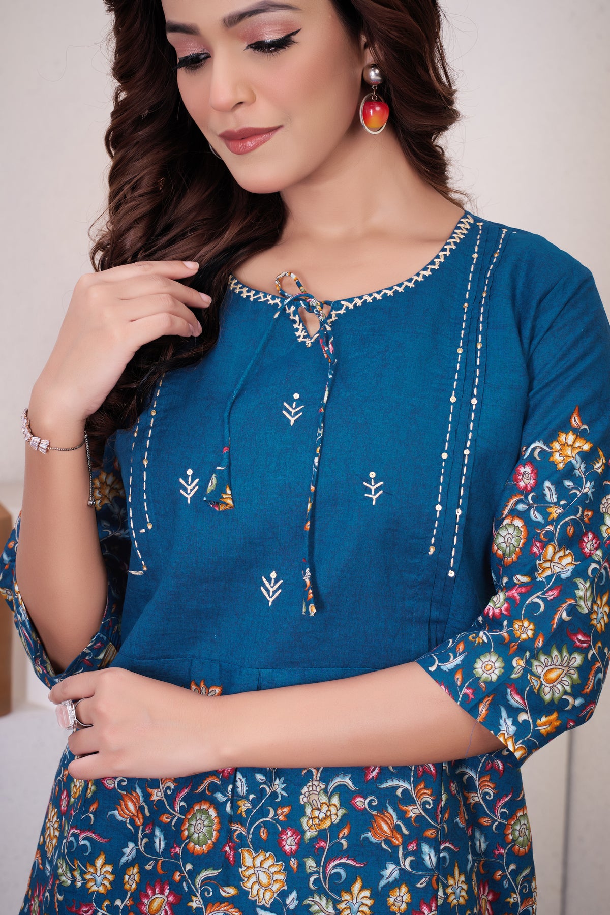 Elegant Teal Blue Floral Printed Pure Cotton Co-Ord Set
