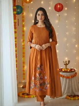 Rust Orange Anarkali Kurti Pant Dupatta Set