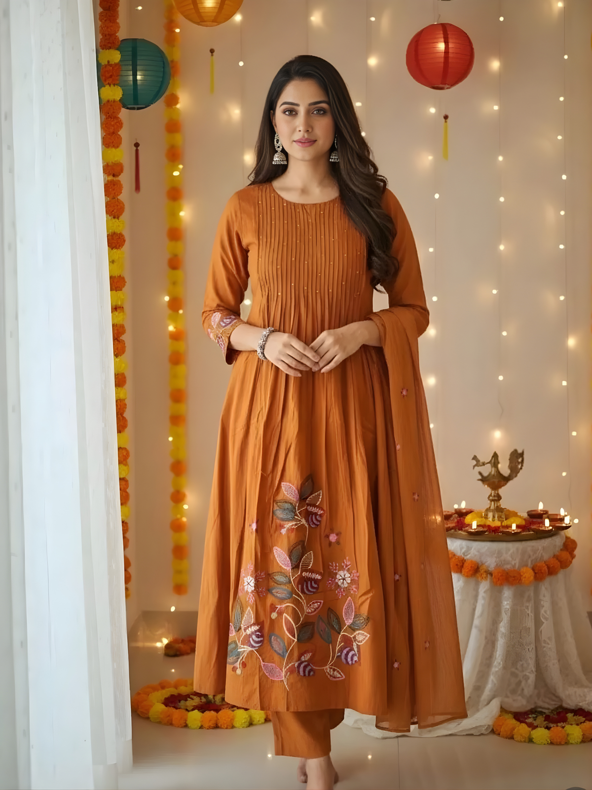 Rust Orange Anarkali Kurti Pant Dupatta Set
