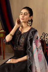 Black Roman Silk Multi Embroidered Suit Set