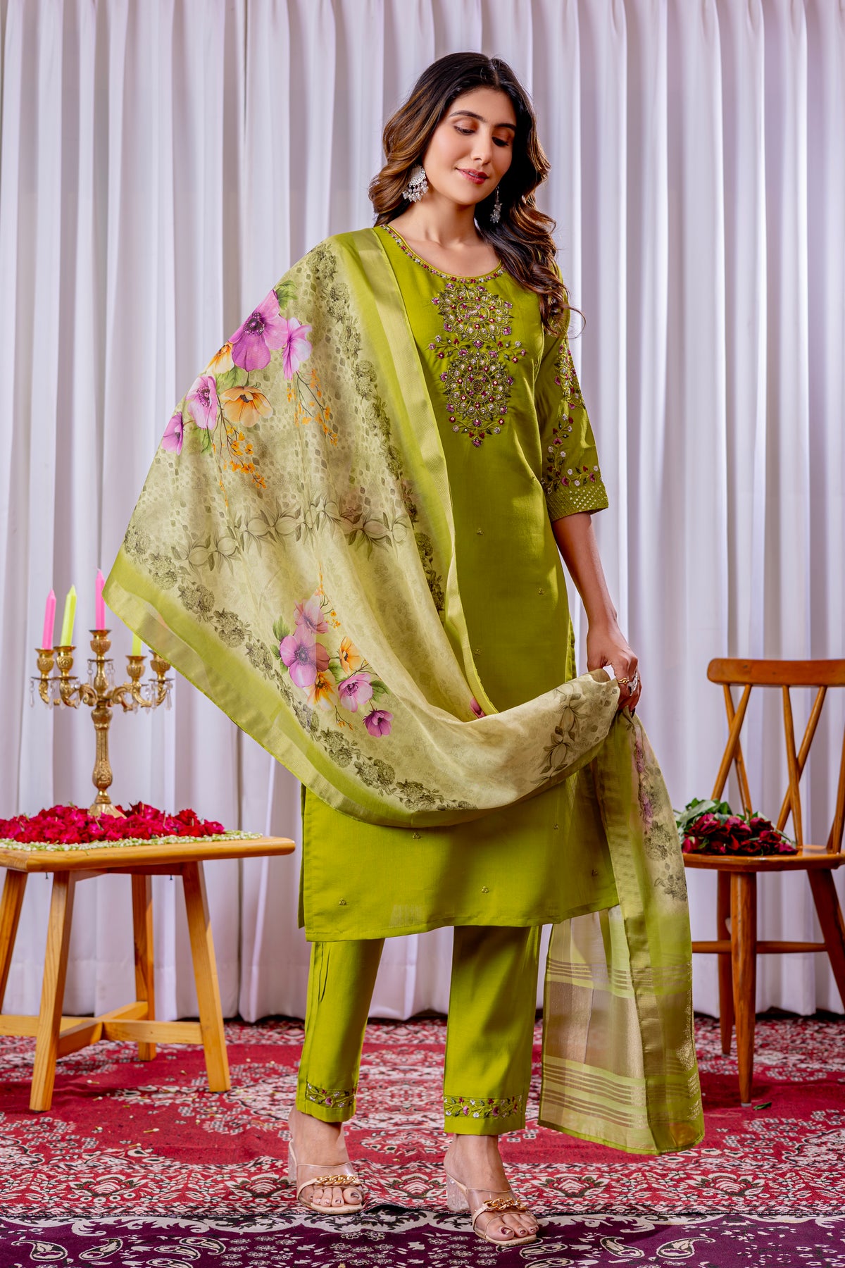 Elegant Parrot Green Viscose Silk Embroidered Kurta Set