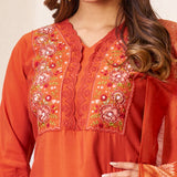 Rust Orange Roman Silk Embroidered Kurti Pant Dupatta Set