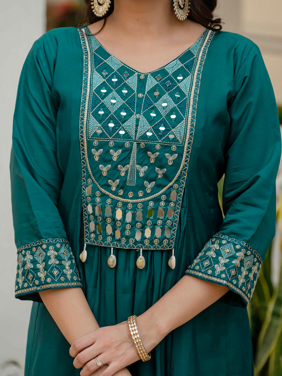 Teal Viscose Roman Silk Anarkali Kurti Pant Set