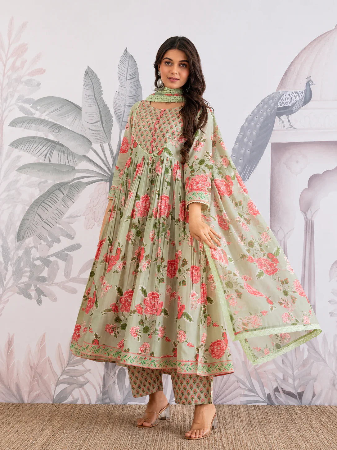Floral Jaipuri Cotton Flared Anarkali Suit Set