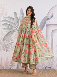 Floral Jaipuri Cotton Flared Anarkali Suit Set