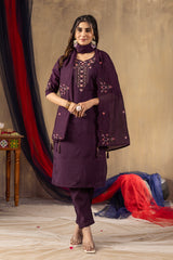 Wine Roman Silk Multi Embroidered Suit Set
