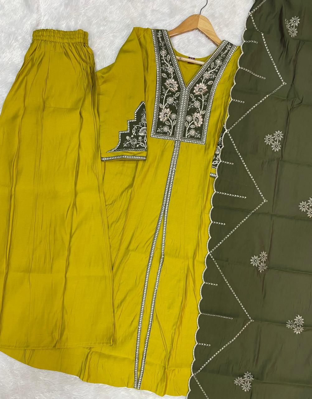 Yellow Roman Silk Anarkali Kurti Set