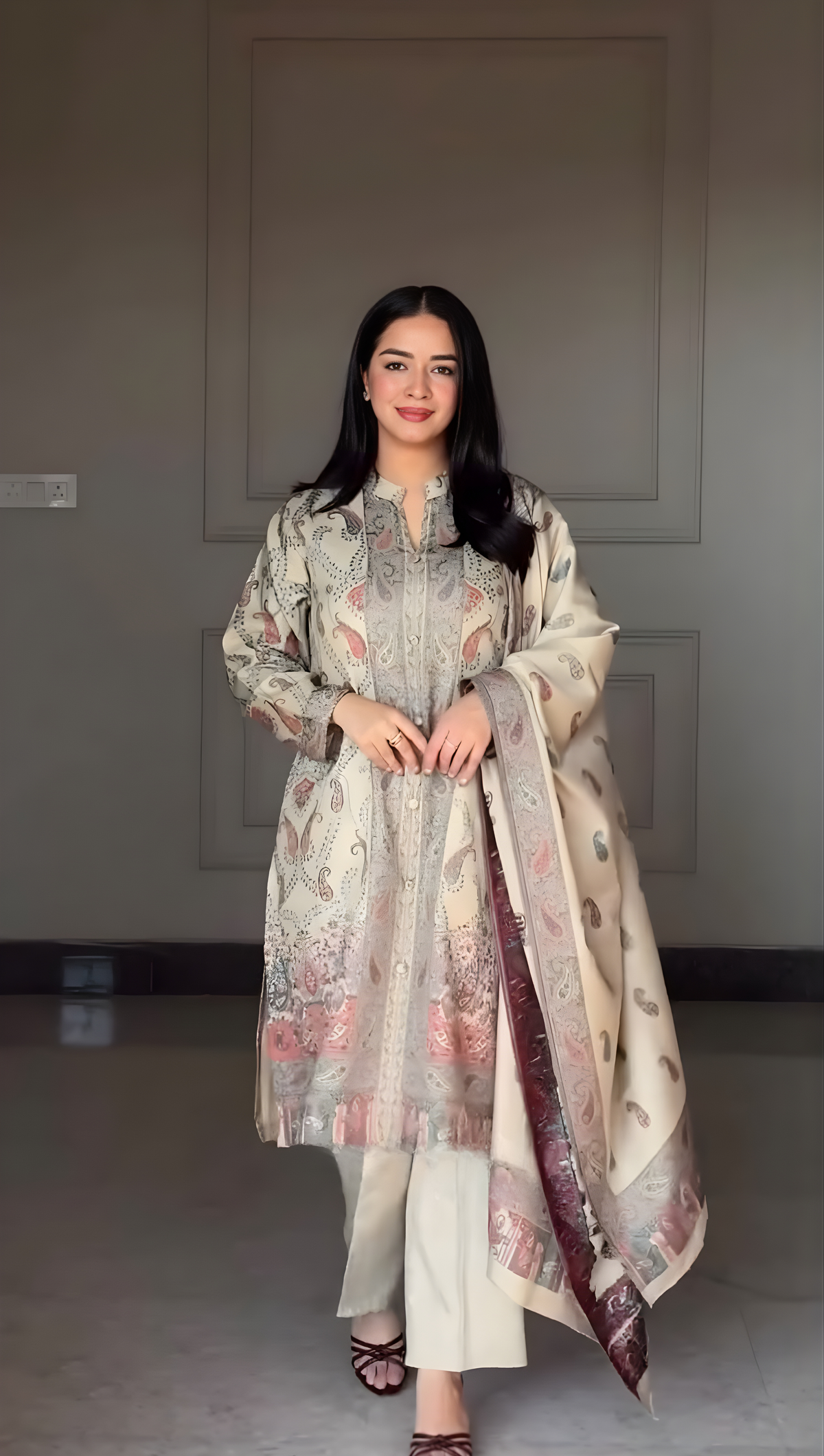 Beige Pastel Printed Kurti Pant Dupatta Set