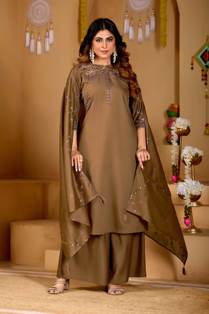 Brown Viscose Mango Silk Anarkali Kurti Set