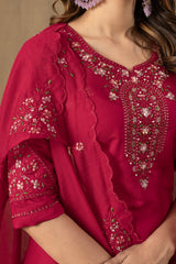 Rani Pink Roman Silk Multi Embroidered Suit Set