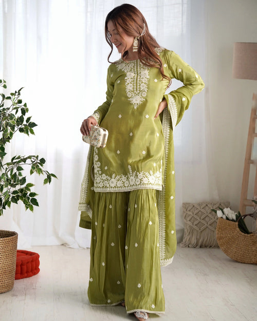 Olive Green Embroidered French Crepe Kurta Sharara Set