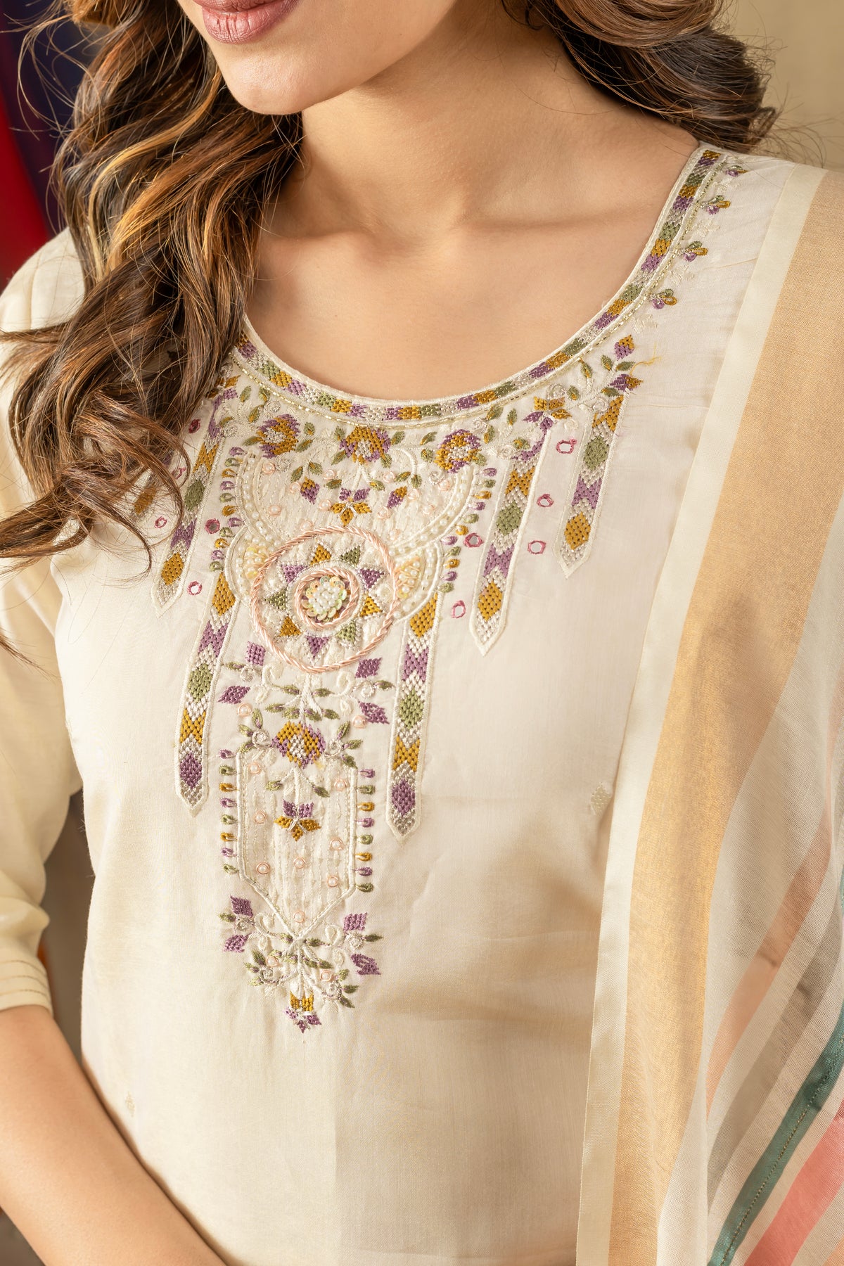 Off White Shimmer Gold Silk Multi Embroidered Suit Set