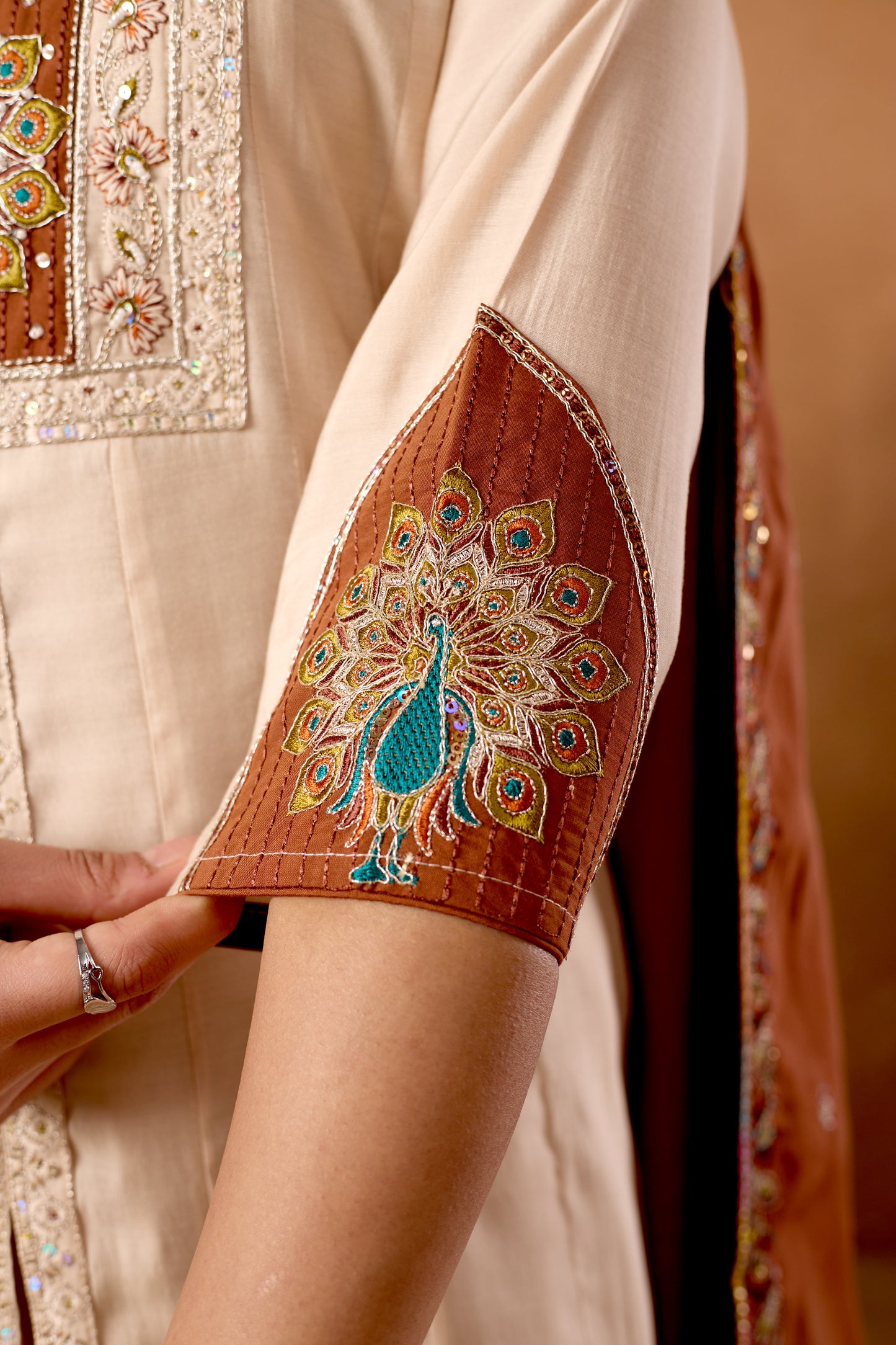 Elegant Cream Roman Silk Kurti Set
