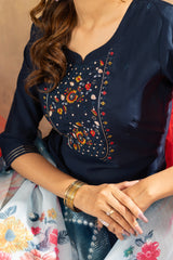 Navy Blue Viscose Silk Multi Embroidered Suit Set