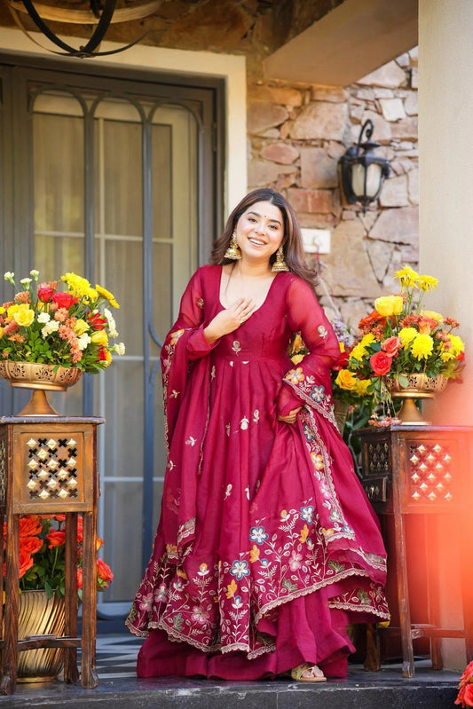 Wine Floral Embroidered Crunchy Silk Anarkali Suit Set