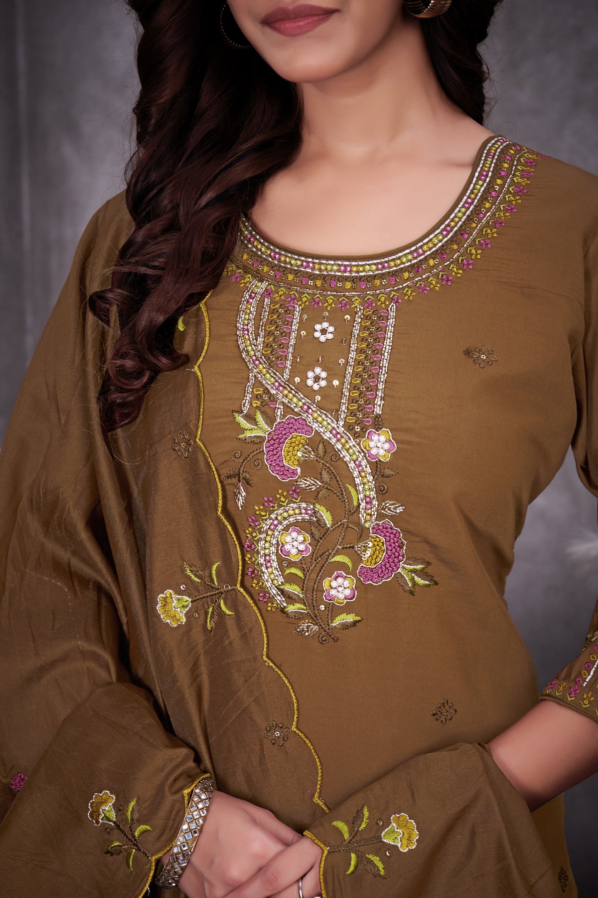 Mustard Roman Silk Kurti Pant Set