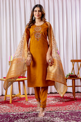 Elegant Mustard Viscose Silk Embroidered Kurta Set