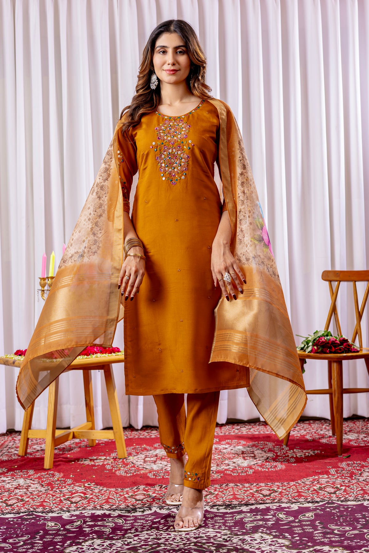 Elegant Mustard Viscose Silk Embroidered Kurta Set