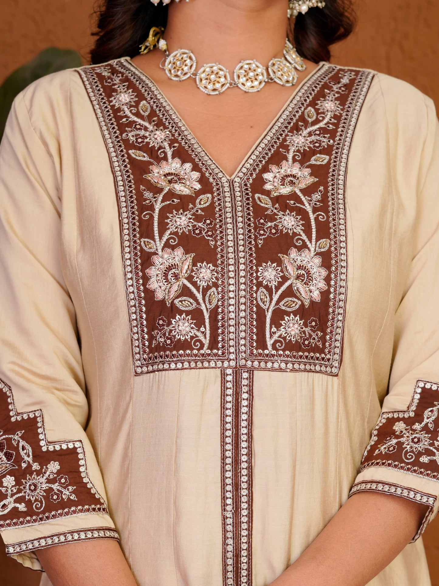 Cream Roman Silk Anarkali Kurti Set