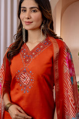 Orange Marina Viscose Silk Multi Embroidered Suit Set