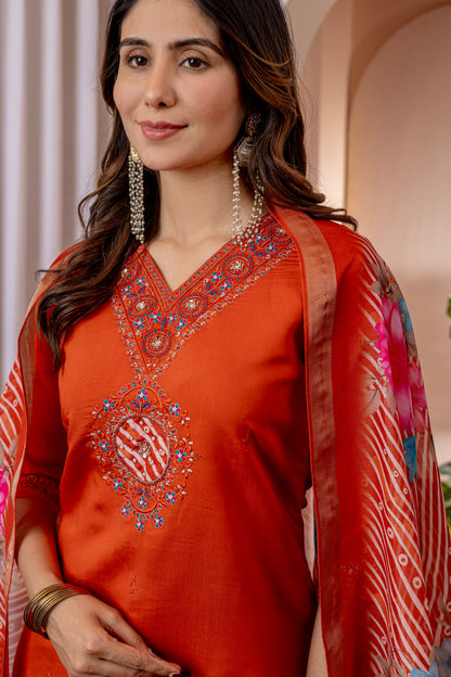 Orange Marina Viscose Silk Multi Embroidered Suit Set