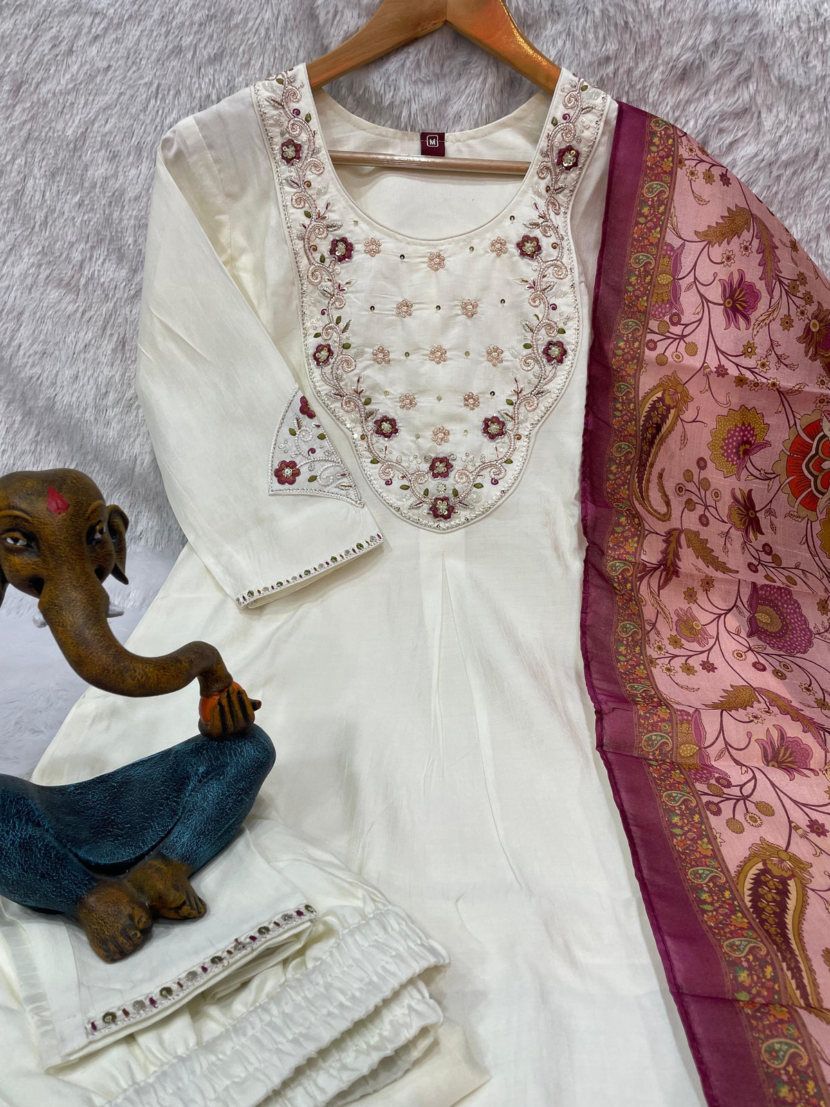 Elegant Off-White Premium Marina Silk Embroidered Kurti Pant Dupatta Set
