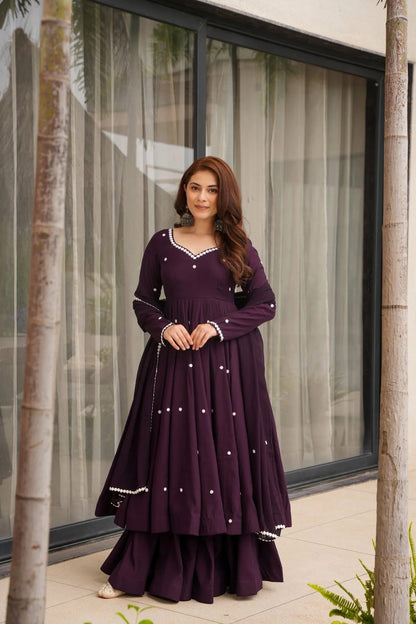 Wine Rayon Designer Embroidered Anarkali Suit Set
