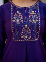 Violet Viscose Mango Silk Embroidered Kurti Set