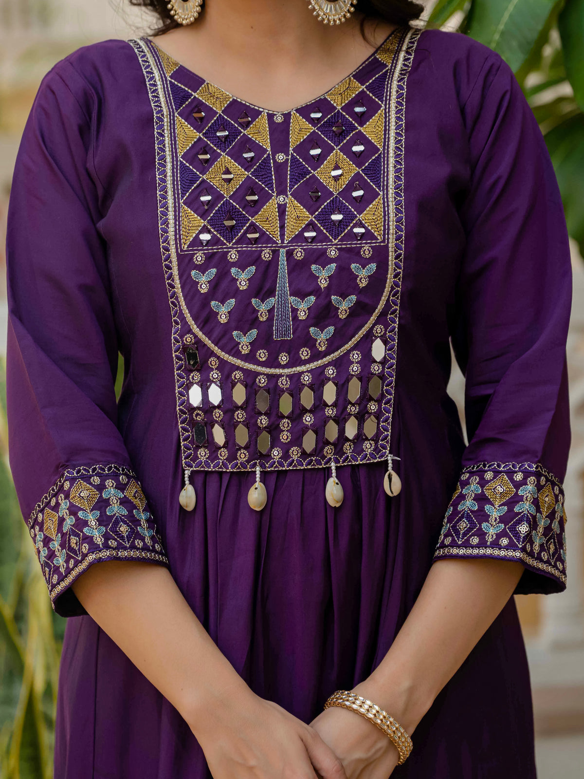 Purple Viscose Roman Silk Anarkali Kurti Pant Set