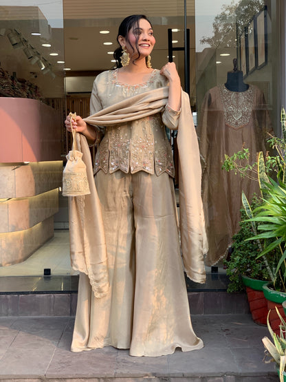 Champagne Embroidered Silk Palazzo Suit Set