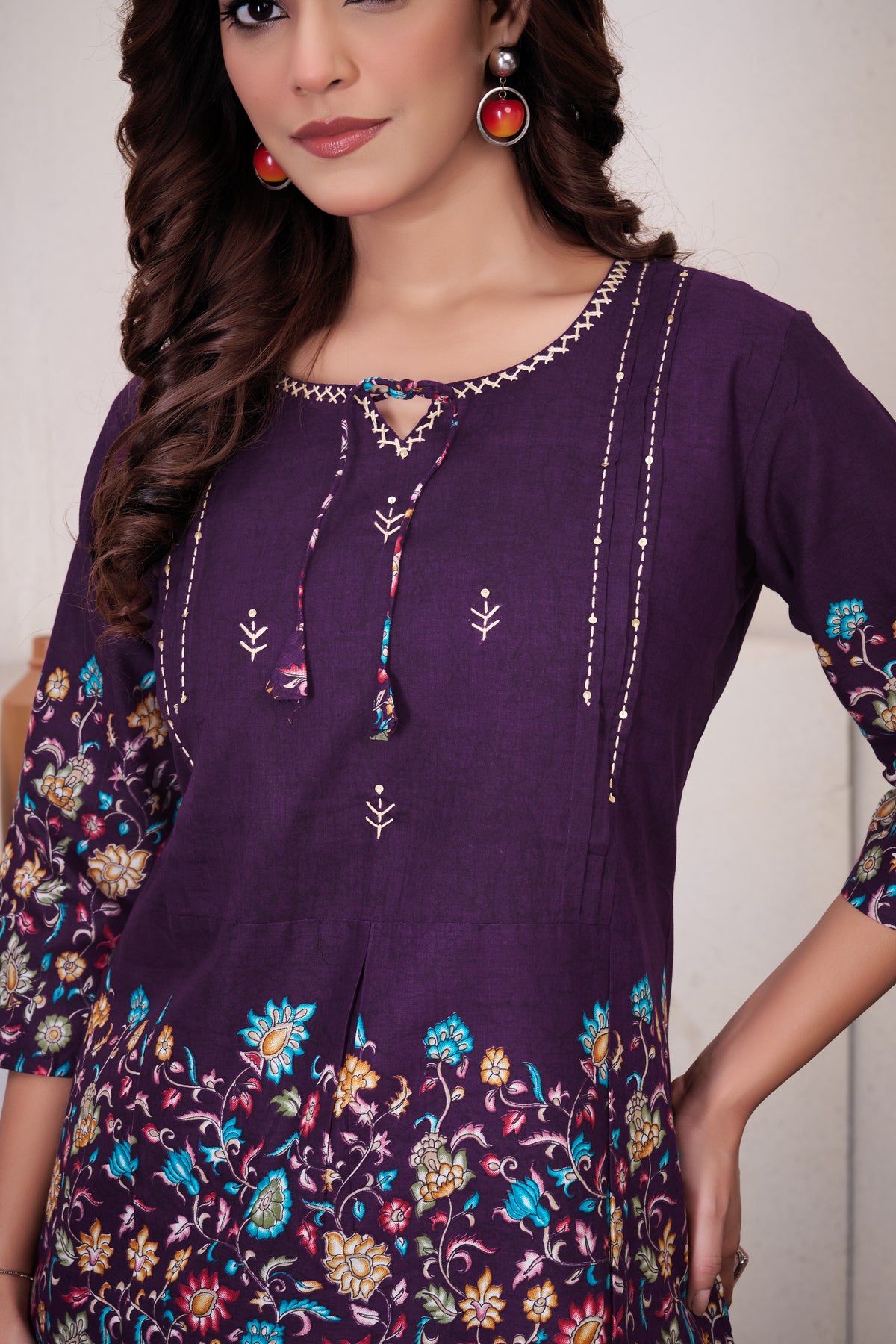 Elegant Wine Floral Printed Pure Cotton Co-Ord Set